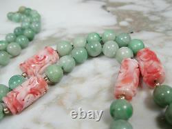 Chinese Green Jadeite Jade Carved Pink Angel Skin Coral Shou Bead Necklace Gold