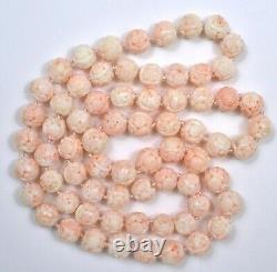Chinese Natural Pink Angel Skin Coral Carved Carving 13mm Bead Necklace 150 Gram