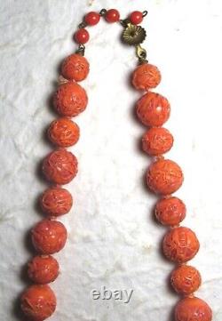 Chinese Peking Glass Coral Color Raised Applied Swirl Bead Choker Necklace 15