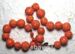 Chinese Peking Glass Coral Color Raised Applied Swirl Bead Choker Necklace 15