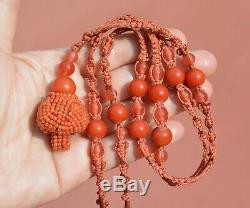 Chinese Red Coral Seed Bead Court Hat Finial Pendant Peking Glass Silk Necklace