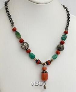 Chinese Silver Coral Turquoise Bead Necklace 80214