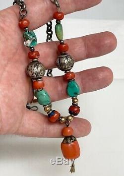 Chinese Silver Coral Turquoise Bead Necklace 80214