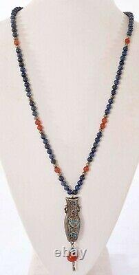 Chinese Silver Enamel Pendant Lapis Lazuli Coral Agate Carnelian Bead Necklace