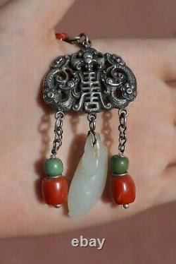 Chinese Silver White Jade Carved Carving Pendant Coral Turquoise Bead Necklace