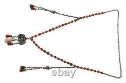 Chinese Silver White Jade Carved Carving Pendant Coral Turquoise Bead Necklace