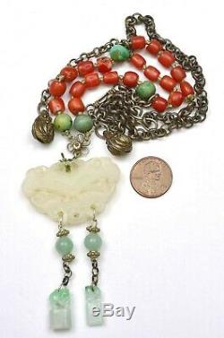 Chinese Sterling Silver Jade Jadeite Seal Plaque Turquoise Coral Bead Necklace