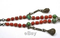 Chinese Sterling Silver Jade Jadeite Seal Plaque Turquoise Coral Bead Necklace