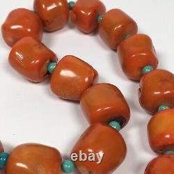 Chunky Coral Bead Necklace Southwest Turquoise Spacers Sterling Clasp 17