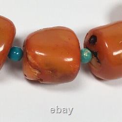 Chunky Coral Bead Necklace Southwest Turquoise Spacers Sterling Clasp 17