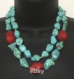 Chunky Double Strand Necklace Turquoise Nugget Red Coral Beads Beaded Sterling