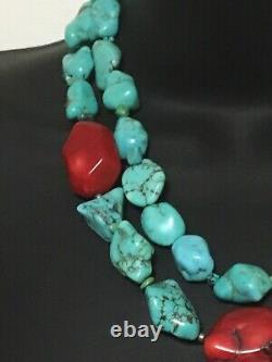 Chunky Double Strand Necklace Turquoise Nugget Red Coral Beads Beaded Sterling