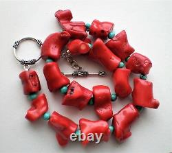 Chunky Genuine Turquoise Red Dyed Coral Beads Beaded Necklace Sterling Clasp