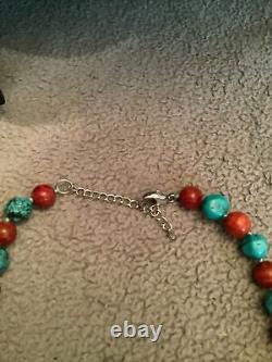 Chunky Lucas Lameth LUC Turquoise Coral Sterling Silver 925 Bead Necklace