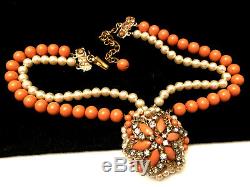 Classic Vintage 16x1-1/2 Signed Miriam Haskell Coral Lucite Bead Necklace A39