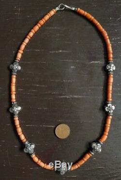 Collier Perle Corail Argent Ancien Antique Natural Coral Silver Bead Necklace