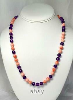 Coral Amethyst 14 Karat Gold Bead Necklace 22 Inches 8MM Beads