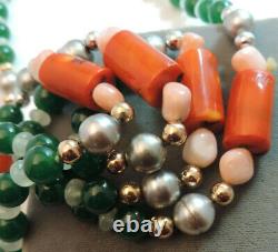 Coral Green Jade Onyx Large Silver Pearls Chunky Bead 36 Necklace Cn 33