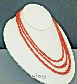 Coral Necklace Natural Red Salmon 3 Strands 835 Silver AMEF Bead Vintage
