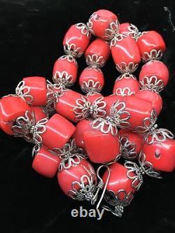 Coral Necklace Vintage Salmon Coral tribal Extra Long 26 heavy 232g 1930s