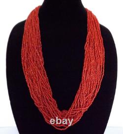 Coral Seed Bead & Silver Necklace Vintage Native American 27 strands 31 inches