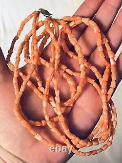 Coral VTG Necklace pink beaded carved rose natural Genuine multi tripple strand