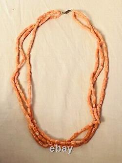 Coral VTG Necklace pink beaded carved rose natural Genuine multi tripple strand