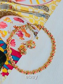 Crown Trifari 1950s Coral Orange Floral Beaded Jewellery Set, Necklace Brooch