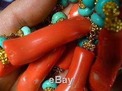 Double strand Red coral and turquoise beads necklace