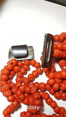 Dyed Lava Coral Red Beaded Necklace, Multi-strand Vintage Statement Necklace