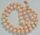 Estate Vintage Angel Skin Coral Bead Necklace 14k Gold Clasp Hand Knotted 7.9 Mm