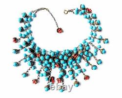 Early Frank Hess Miriam Haskell Turquoise Coral Flower Bud Glass Necklace C. 1940