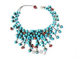 Early Frank Hess Miriam Haskell Turquoise Coral Flower Bud Glass Necklace C. 1940