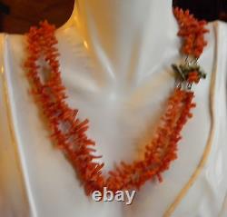 Edwardian Vintage Red Salmon Coral Branches Chokr Necklace Flower Silver Clasp 8