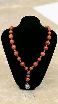 Elegant antique red coral bead necklace Sterling silver 925 ottoman