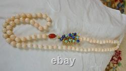 Estate 14k Gold Angel Skin Coral Bead Necklace. Red Coral Turquoise Brooch Clasp