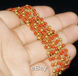 Estate 18K Solid Gold Italian Mediterranean Salmon Coral Double Chain Necklace