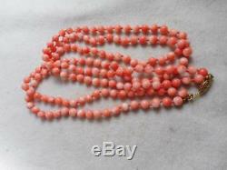 Estate 5mm Peachy Coral Bead Knotted 20 Double Strand & 14k Clasp Necklace