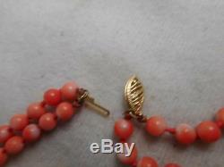 Estate 5mm Peachy Coral Bead Knotted 20 Double Strand & 14k Clasp Necklace