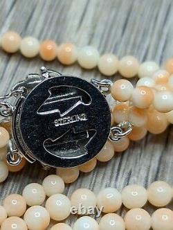 Estate Angel Skin Coral Beaded 3mm 3 Strands Sterling Silver Clasp 17 Necklace