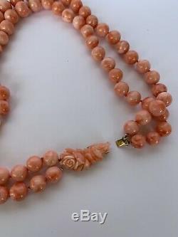Estate Double Strand Coral Bead Necklace Carved Rose Flower Clasp 14k 20