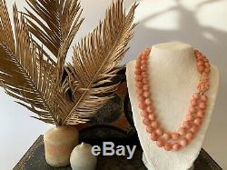 Estate Double Strand Coral Bead Necklace Carved Rose Flower Clasp 14k 20