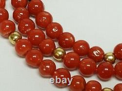 Estate Italian Red Coral & 18K Yellow Gold 4mm Bead Strand Necklace 17 3/4 11g