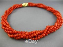 Estate Large Aaa Natural Coral 14kt Yellow Gold Multi Strand Bead Necklace 25638