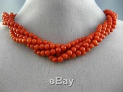 Estate Large Aaa Natural Coral 14kt Yellow Gold Multi Strand Bead Necklace 25638