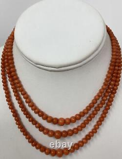 Estate Vintage Graduated Triple Strand Salmon Coral Bead Necklace 14k Gold Clasp