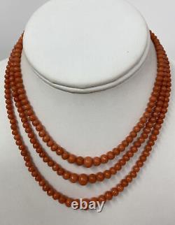 Estate Vintage Graduated Triple Strand Salmon Coral Bead Necklace 14k Gold Clasp