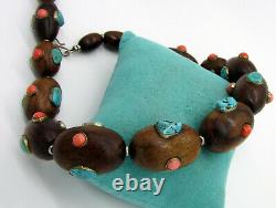 Estate Vintage Huge Sterling Silver Inlaid Wood Coral Turquoise Bead Necklace