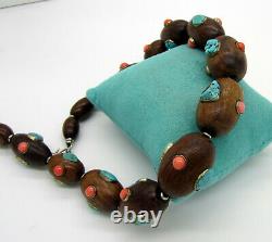 Estate Vintage Huge Sterling Silver Inlaid Wood Coral Turquoise Bead Necklace