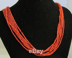 Estate Vintage Orange Coral Bead Sterling Silver Multi 7 Strand 28 Inch Necklace